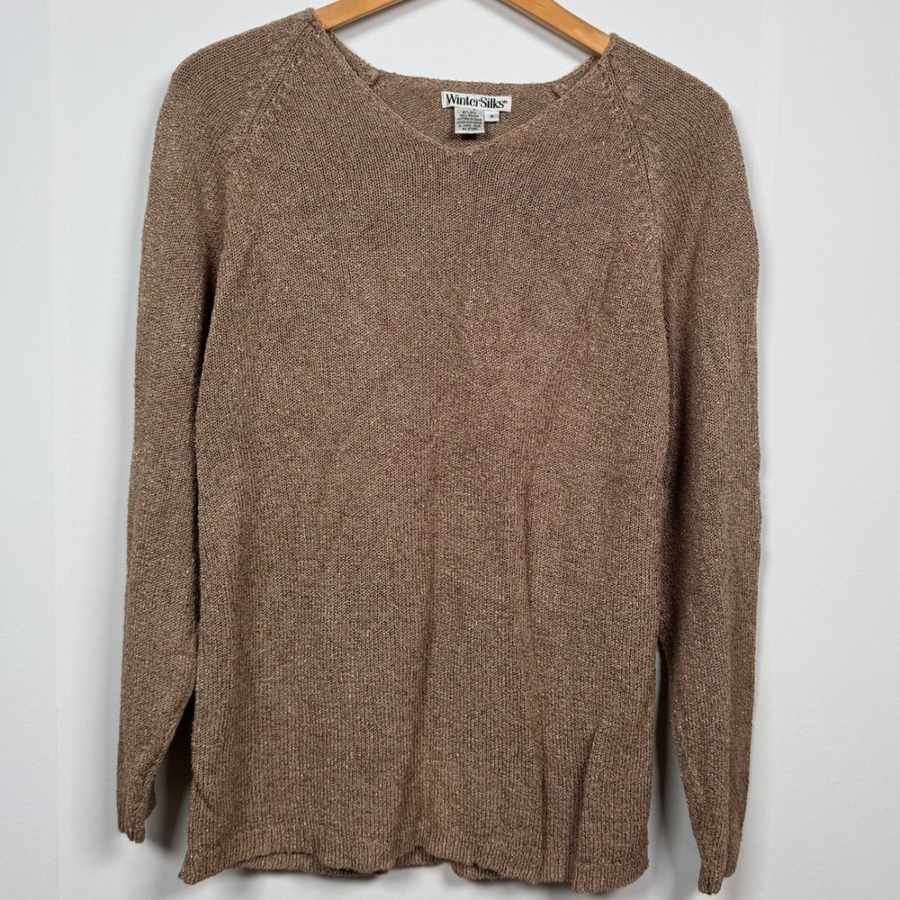 VTG WinterSilks Rayon M V-Neck Sweater Brown Minimalist Capsule Granola Oatmeal